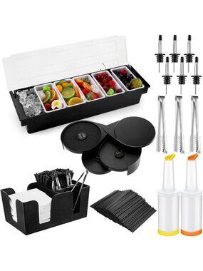 6-Compartment Plastic Garnish Tray & 3-Tier Glass Rimmer for Bartending